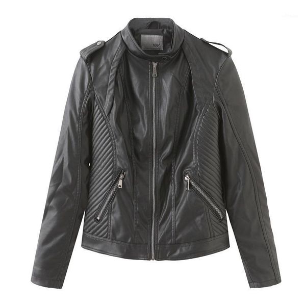 

2020 new autumn woman leather jacket slim stand collar coat female simple short paragraph long sleeve leather jacket woman1, Black
