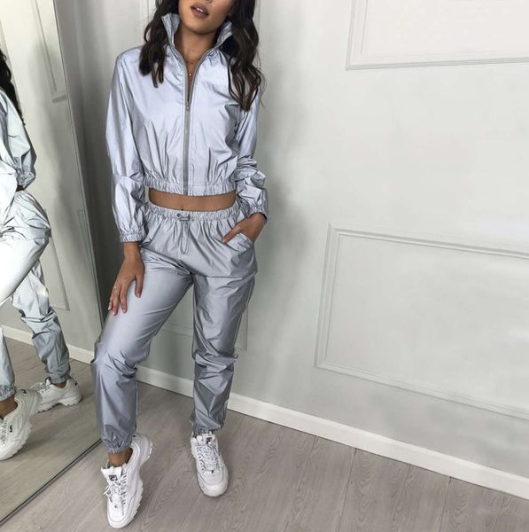 

selling women's wear 2019 fashionable new reflective leisure suit 2-piece set, Black;gray