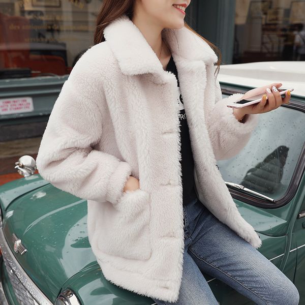 

beijing new 2021 imitation lambs wool sheep fur winter women loose cotton velvet thickening faux fur coat female jacket, Black