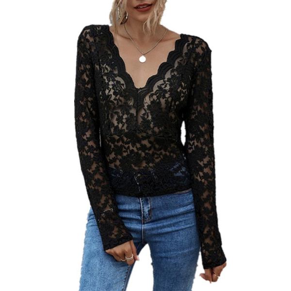 

ladies casual black lace hollow out see-through and blouse women autumn v-neck long sleeve backless tie elegant blouses, White