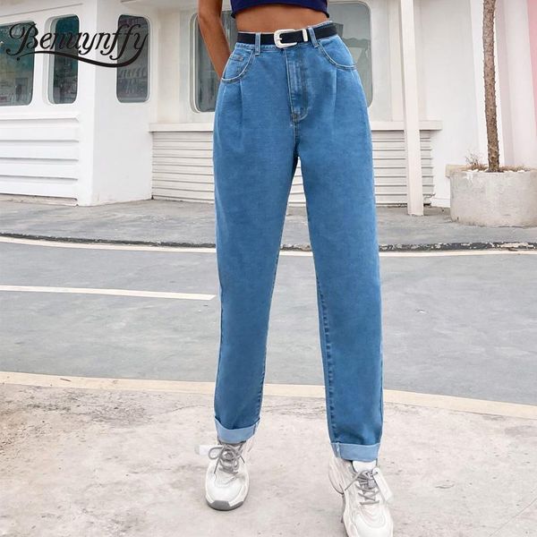 

benuynffy zipper slant pocket cotton wash jeans woman 2021 spring summer casual high waist straight mom jeans without belt, Blue