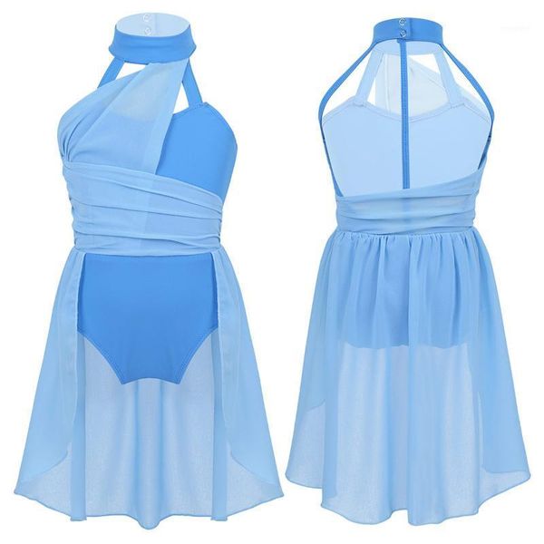 

kids sleeveless ruched chiffon bodice caged back skating modern ballet dance dress contemporary girls lyrical dance costumes1, Black;red