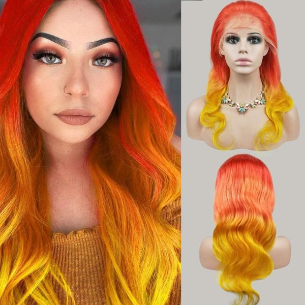 

13x4 lace front wig human hair pre plucked remy hair rainbow colored body wave wig 150% density with baby for woman, Black;brown