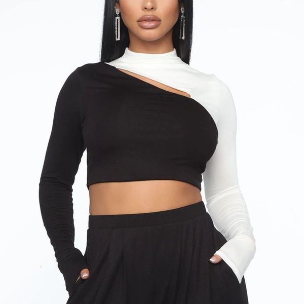 

women's contrast cut out navel long sleeve round neck t-shirt