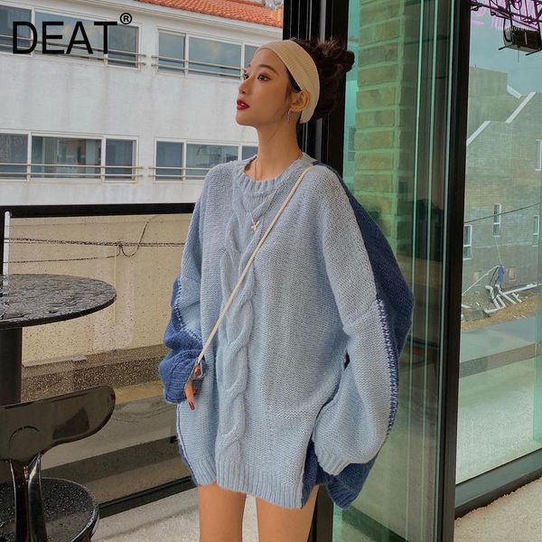 

deat 2020 new autumn and winter round neck batwing sleeves contrast colors pullover loose knitting big size sweater wo234051, White;black