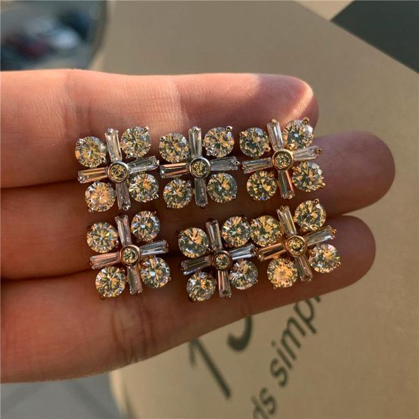 

simple female round crystal jewelry cross rose gold silver color stud earrings for women trendy square zirconia wedding earrings, Golden;silver
