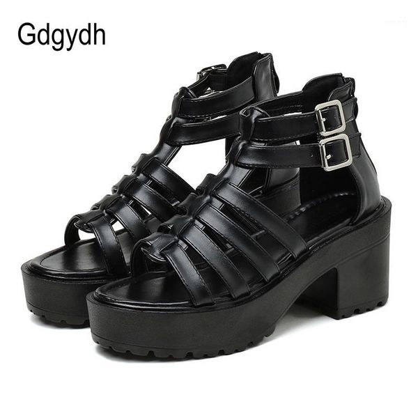 

gdgydh 2020 summer new rock shoes platform sandals women t-strap back zipper block heel gladiator sandals for women high heels1, Black