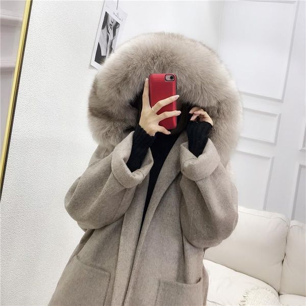 

women's fur & faux wool woolen overcoat collar real jacket hood cashmere with hat women coat tladies casual double-sided, Black