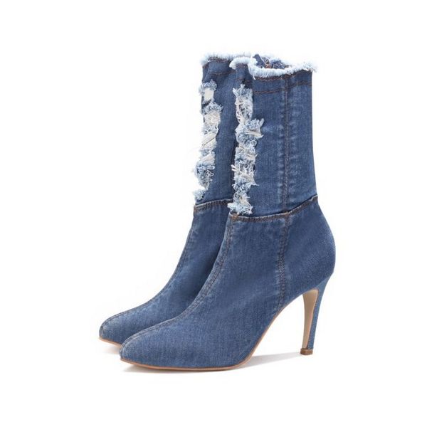 

new arrival fall/winter plus size women's shoes ripped cowboy women's short boots pointed toe stiletto high heels ing, Black