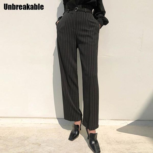 

2020 new fashion women striped casual trousers women's elegant black high waist pocket straight wide leg pants1, Black;white