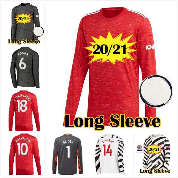 

20 21 pogba rashford mens long sleeve soccer jerseys lingard mata matic martial james cavani home away 3rd de gea goalkeeper football shirt, Black;yellow