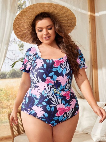 

plus floral print frill trim one piece swimsuit t3q0#, Black