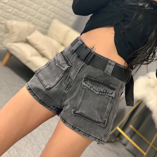 

women 2020 streetwear pockets casual basic summer denim shorts high waist wide leg blue jeans shorts with belt1, White;black