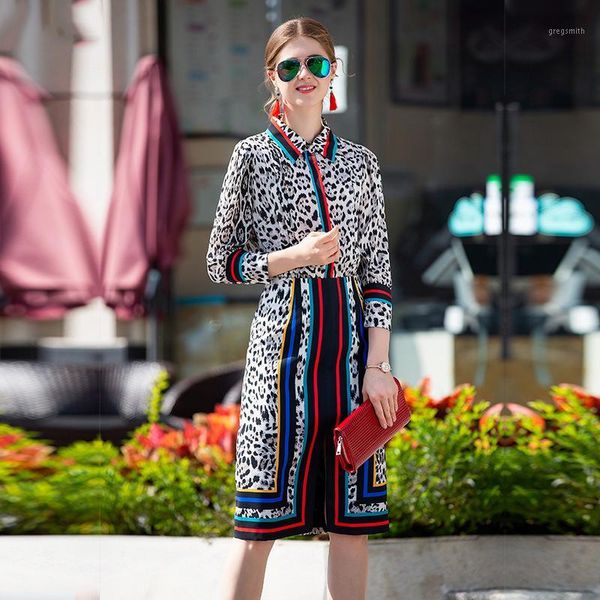 

2019 spring pretty 2 pieces leopard print women sets fashion full sleeve turn-down collar shirts +skirts suits1, White