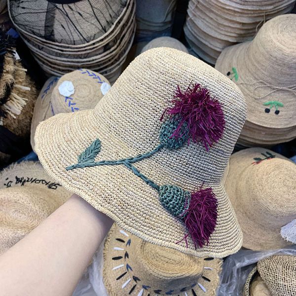 

woven three dimensional lafite purple flowers summer big eaves foldable travel sunscreen beach sun hat, Blue;gray