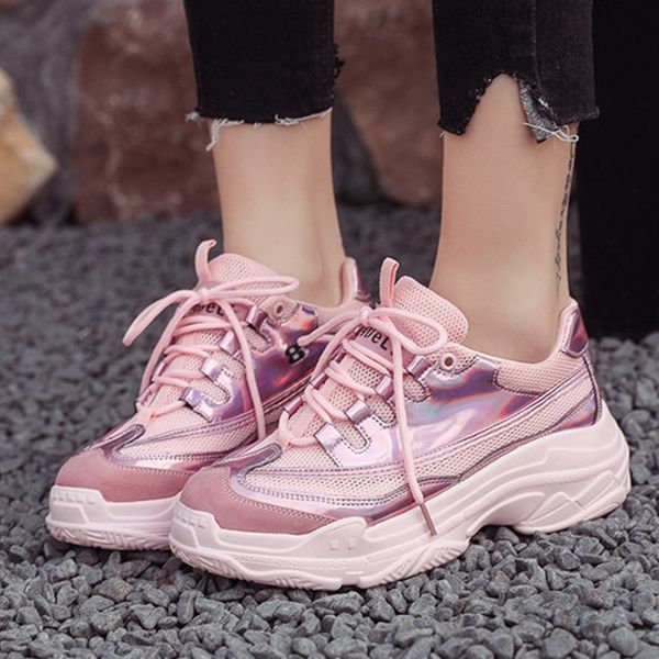 

women red platform shoes glossy pu+mesh breathable high street ladies shoes thick sole 4.5cm women chunky sneakers 909w y200424, Black