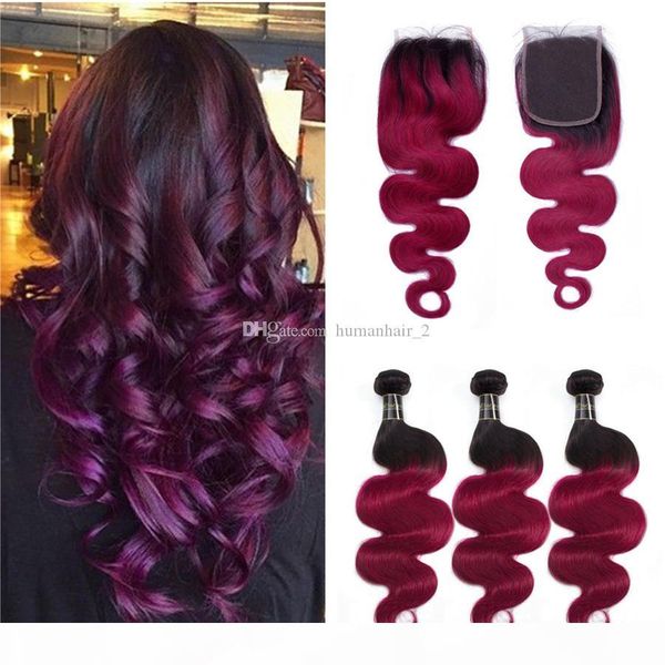 

color aubergine human hair weaves with lace closure 4*4 middle part two tone 1b fuchsia hair bundles ombre body wave with closure, Black;brown