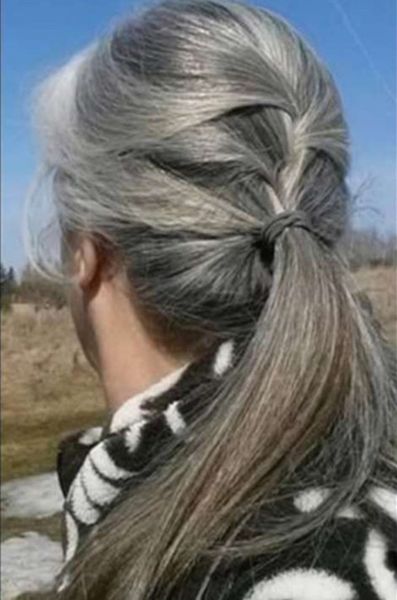 

salt and pepper grey human hair ponytail hairpiece, wraps dye natural hightlight brown silver gray hair ponytail french braids, Black