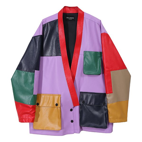 Giacca in pelle da donna calda Cappotto ampio per donna Giacca patchwork in PU multicolore di nuova moda per donna autunno e inverno