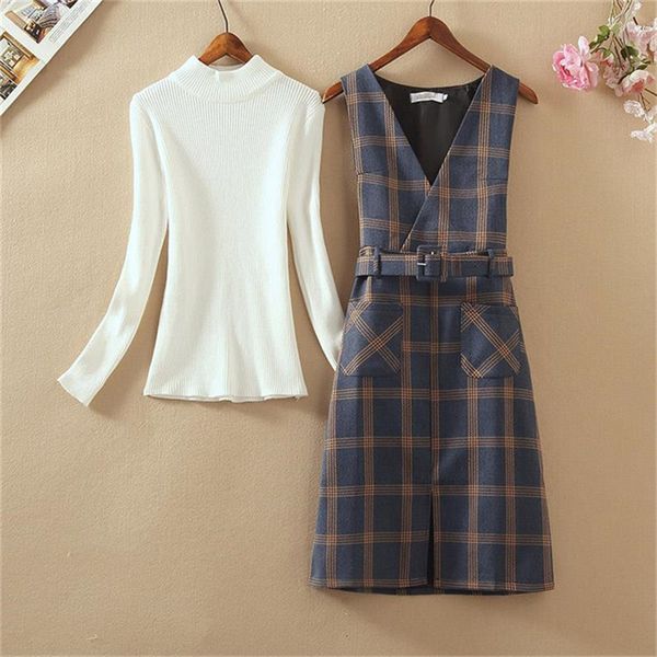 

2021 women's set autumn winter new knitting + plaid strap two piece ladies elegant sweater es suit 545 fzx9, Black;gray