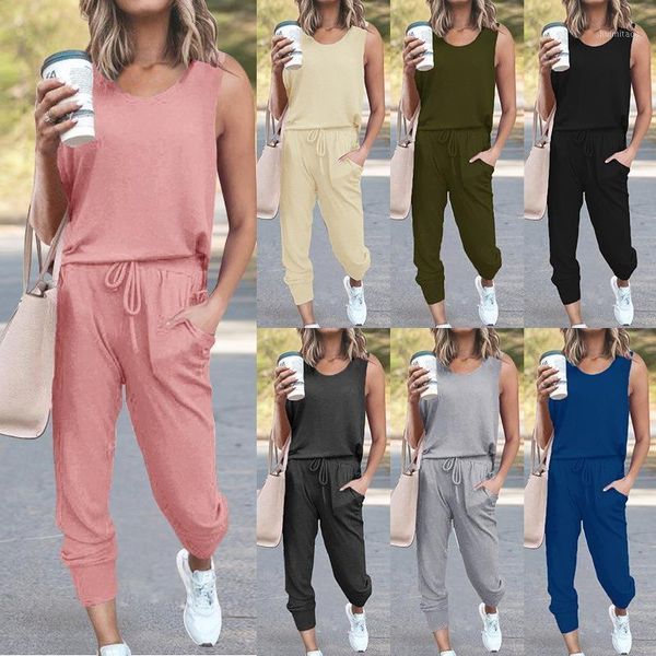 

women's two pieces tracksuit set loose solid color o-neck sleeveless shirt sports long pants girl's casual sweatsuits1, Gray