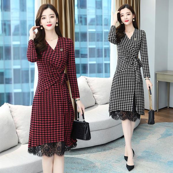 

2020 vintage houndstooth plaid midi dress autumn winter new 4xl plus size office lady dress elegant women bodycon party vestidos, Black;gray