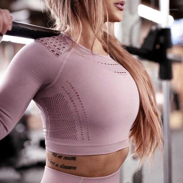 

yoga outfits 2021 women seamless hollow-out mesh sports shirts long sleeves energy fitness gym workout t-shirts1, White;red
