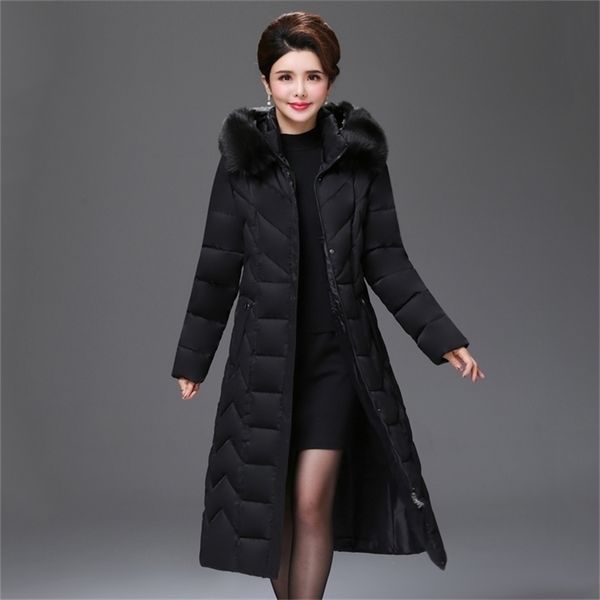 

x-long winter casual jacket women office ladies parka mujer plus size solid hooded with fur collar slim women's thick coat 201110, Black