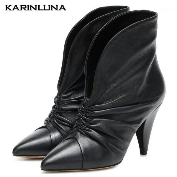 

karin new large sizes 43 trendy brand pointed high heels genuine leather cow skin shoes boots women1, Black