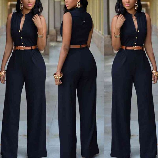 

formal jumpsuit wide leg pant women office solid color sleeveless belt shirt jumpsuit basic v neck single breasted work, Black;white