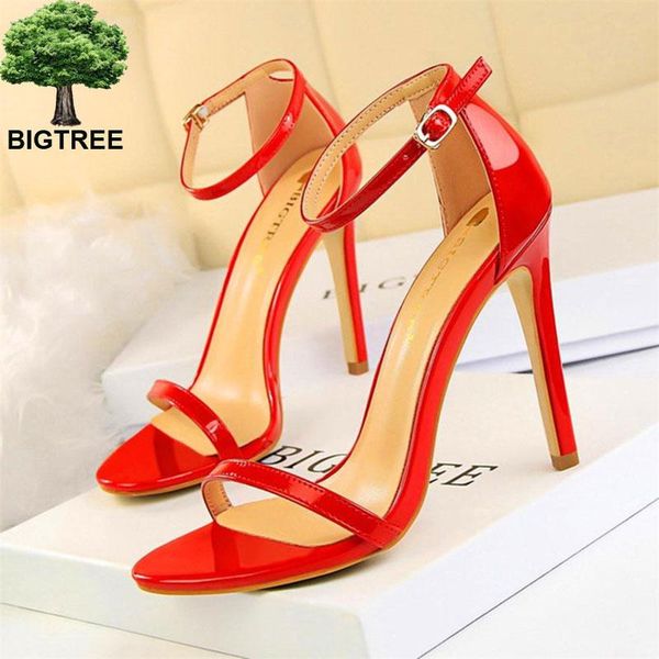 

bigtree concise buckle women's dress sandals super high heels pumps open toe red wedding sandals women thin heel patent leather, Black