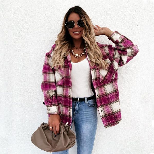 

autumn long sleeve plaid winter casual loose shirt outfits women double breasted lapel chic checked blouse, White