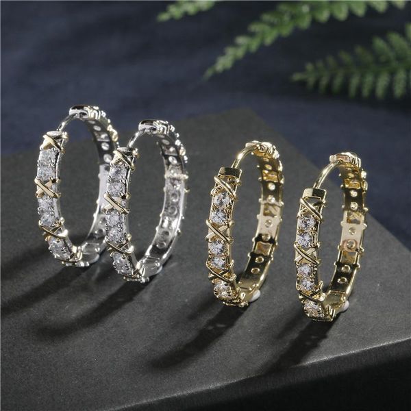 

zakol white gold color luxury round cubic zirconia big circle hoop earrings for fashion women fashion wedding party jewelry, Golden;silver