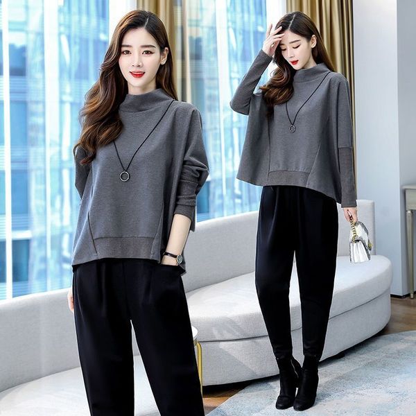 

2021 new inverno terno moda slida o colar moletom + calas harm estilo solto duas peas feminino y493 guae, Gray