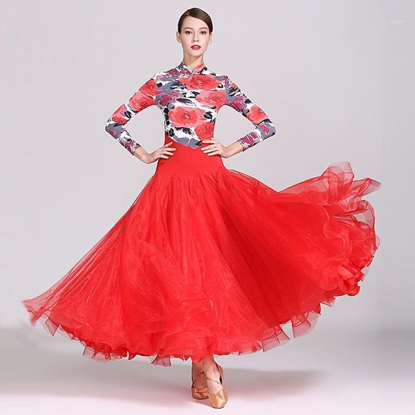 

h2563 women ballroom dance dress national standard modern waltz dancing clothes female professional performance practice dresses1, Black;red