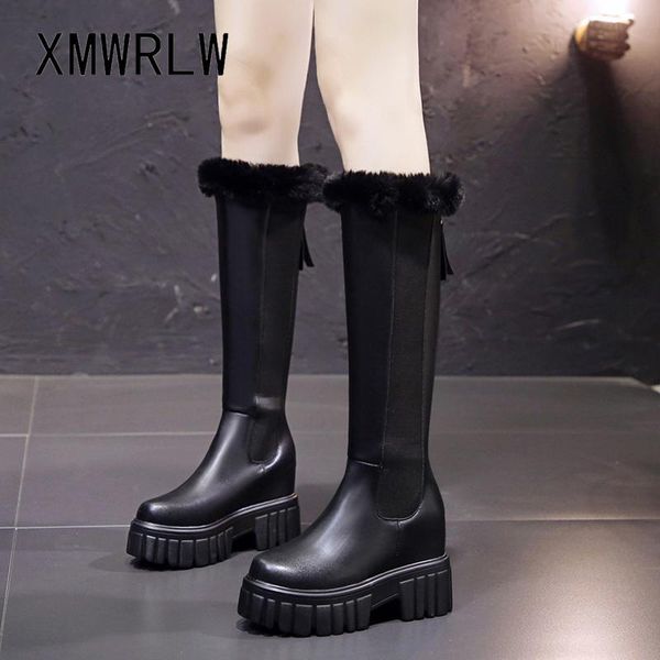 

xmwrlw pu кожаные женские высокие сапоги зимние обувь теплый плюшевый скрытый каблук ботинок для женской обуви зимние сапоги резиновые подош, Black