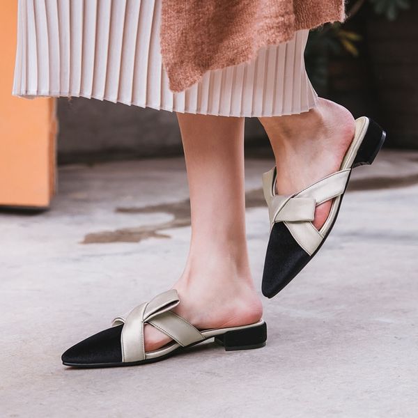 

elegant low heel butterfly knot ladies mules summer women slippers slip-on pu ladies office pumps point toe women casual shoes, Black