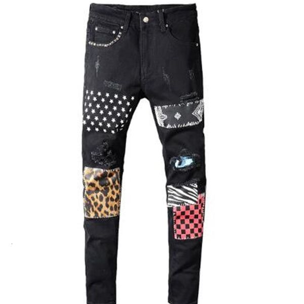 

2021 new large size 28-40 fashion streetwear patchwork designer printed men punk pants slim fit hip hop ripped jeans male g3m6, Blue