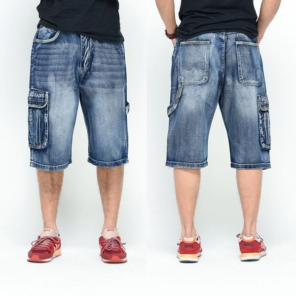 

men's jeans 2021 men loose hip hop skateboard short men's fashion trousers size 30-46 big pockets1, Blue