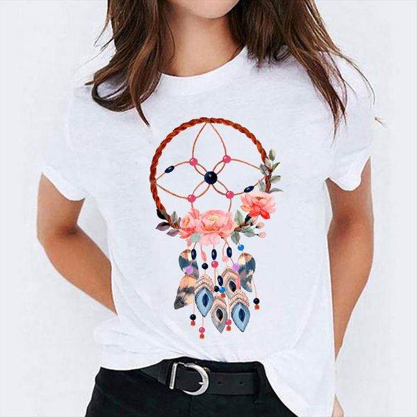 

t shirt for women casual floral dream web feather printing 90s print lady t shirts womens graphic ladies female tee shirt, White