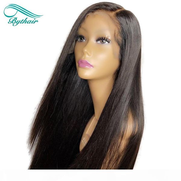 

bythair silky straight full lace human hair wigs virgin hair lace front wig with baby hair pre plucked hairline bleached knots, Black;brown
