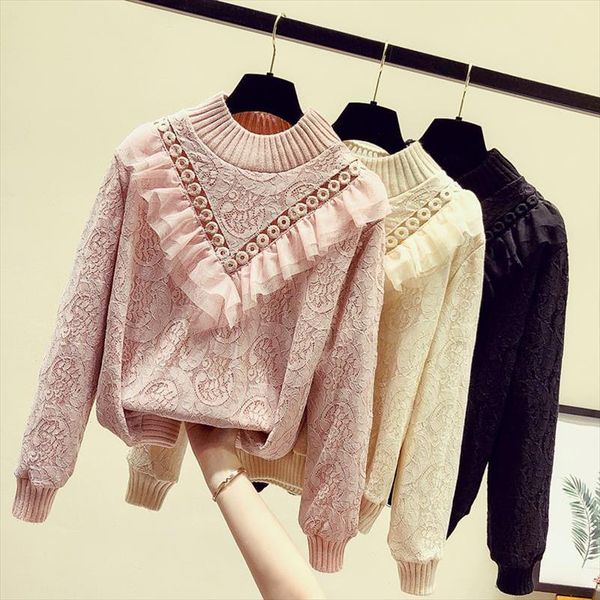 

mumuzi women winter warm lace blouse full sleeve lace crochet hollow out blusas ruffle blouse spring long sleeve fleece blouses, White