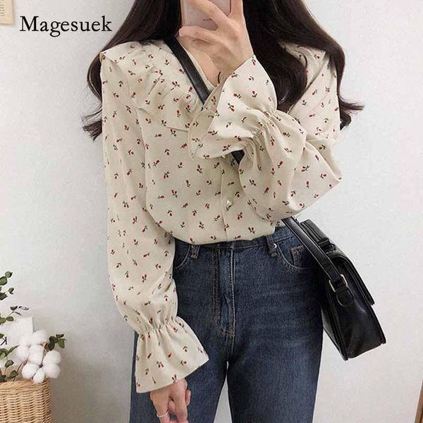 

2020 autumn korean puff sleeve office lady chiffon women blouse v-neck floral shirts plus size ladies' women cardigan 103351, White