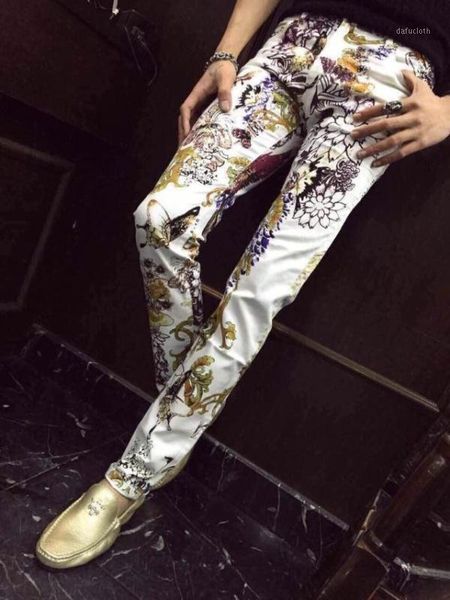 

28-38 men's slim new male fashion personality flower 2020 print jeans trousers skinny pants singer costumes1, Blue