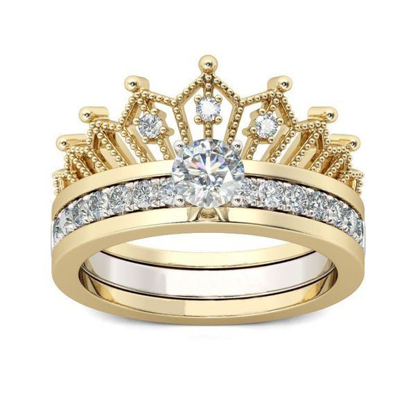 

new simple detachable crown ladies ring lovers zircon two-piece two-in-one wedding ring, Slivery;golden