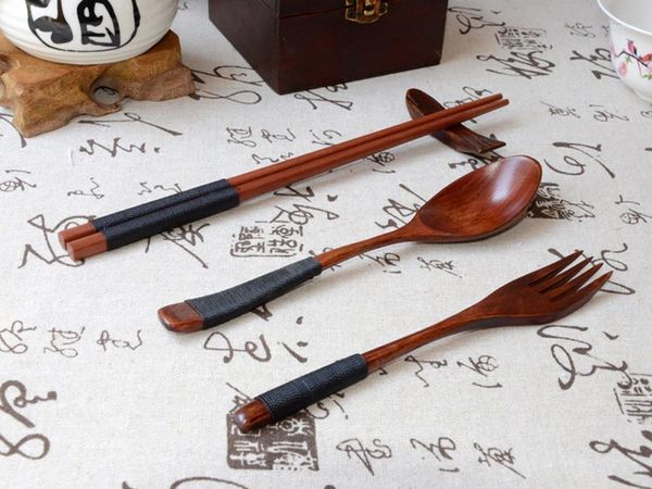 

3pcs portable wood tableware wooden cutlery sets travel dinnerware suit environmental with cloth pack gifts set #yg1