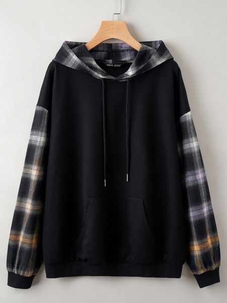

contrast plaid kangaroo pocket drawstring hoodie s4d4#, White;black