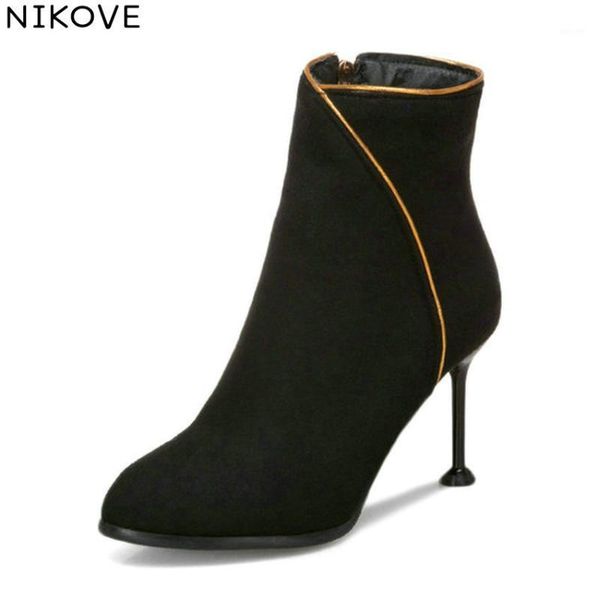 

nikove 2020 women boots zipper square high heels western style ankle boots autumn shoes pointed toe ladies size 34-431, Black