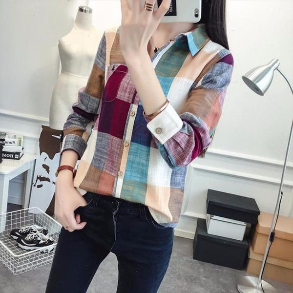 

women muticolors plaid cotton blouse shirt ladies female casual long sleeve plaid shirt 2021 spring autumn female, White