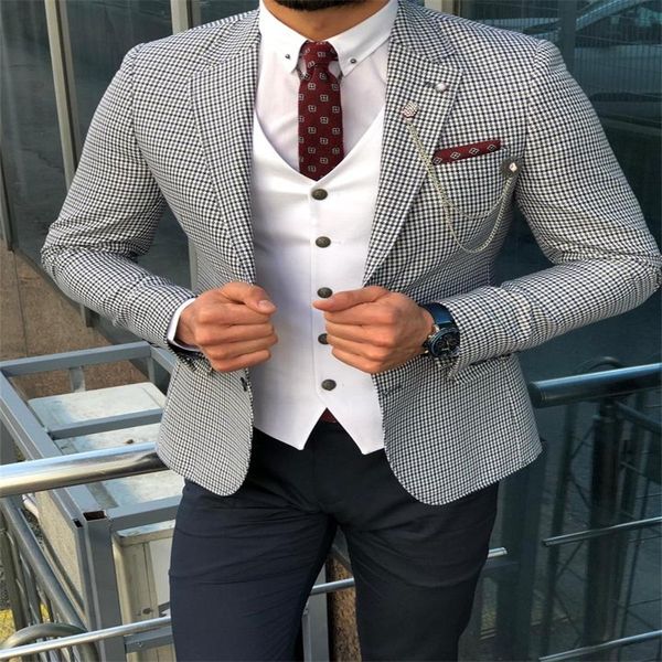 Azul houndstooth casamento smoking ternos masculinos 3 peças feito sob encomenda ternos de casamento lapela casual moda formal negócios casaco calça vest245u